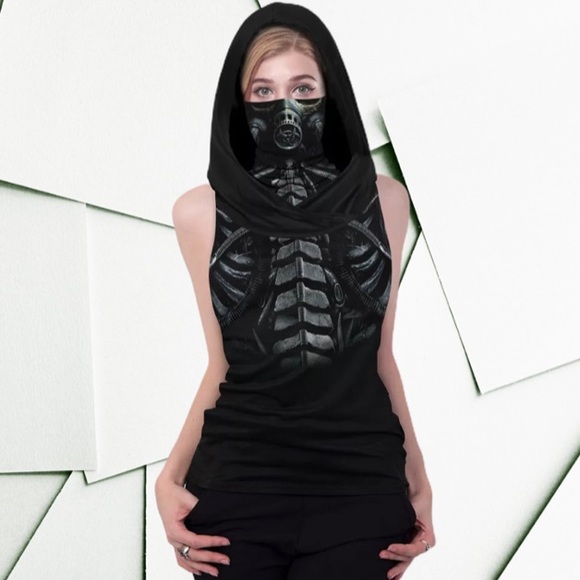M Black goth sleeveless tank hoodie face mask top - Picture 3 of 9